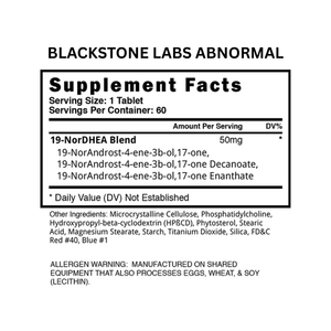 Supplement label for Blackstone Labs Abnormal showing ingredient list and supplement facts.