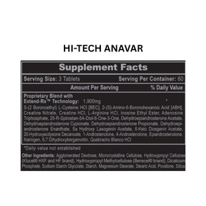 Supplement label for Hi-Tech Anavar with ingredient list on a white background