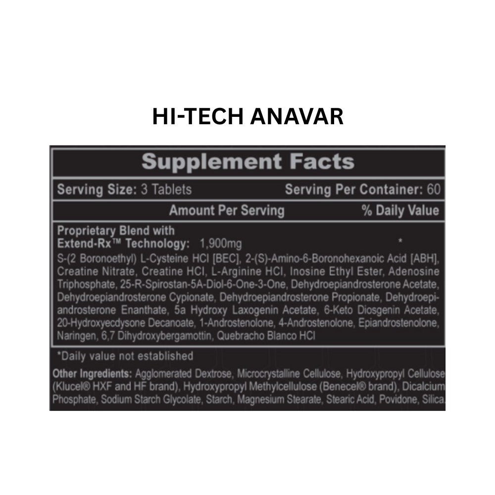 Two bottles of Hi-Tech Pharmaceuticals supplements labeled 'Anavar' and 'Dianabol' on a white background.