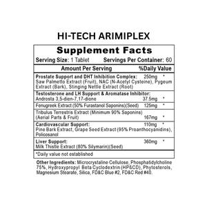 Hi-Tech Pharmaceuticals Arimiplex supplement facts on a white background.