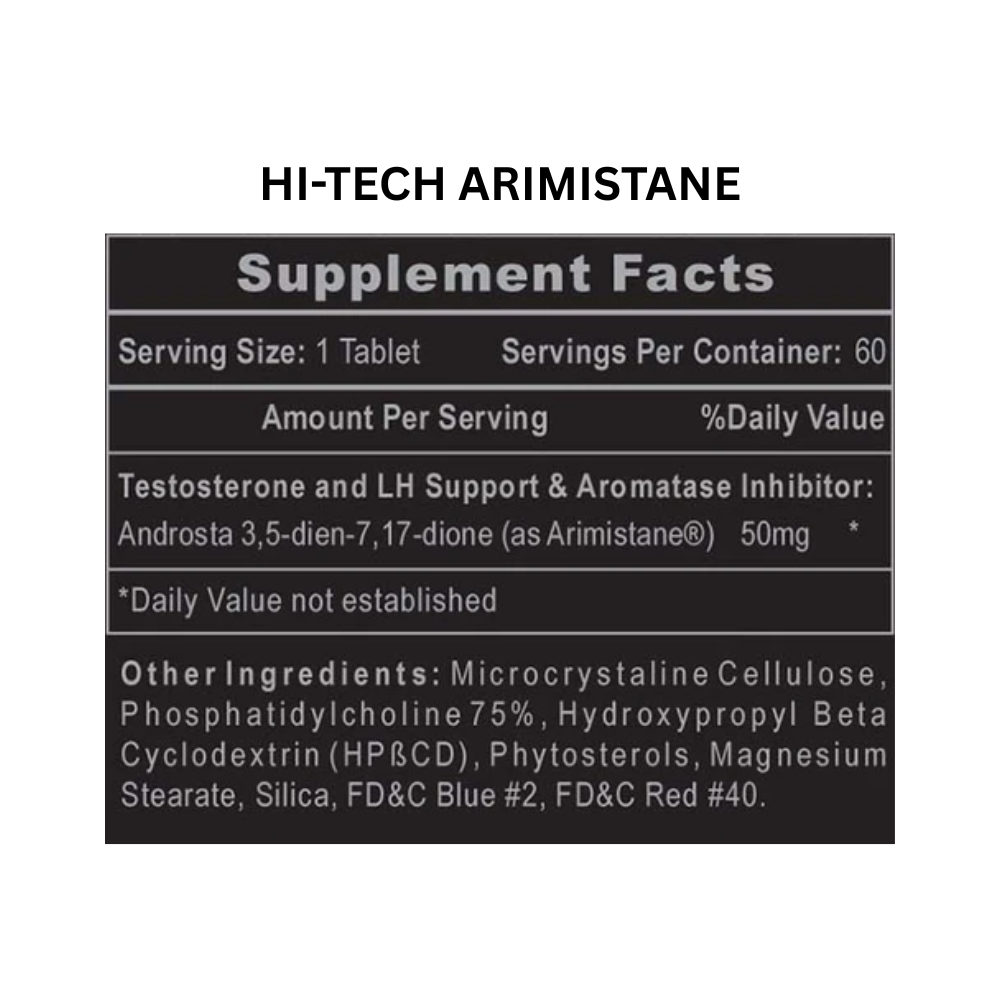 A bottle of Hi-Tech Pharmaceuticals Arimistane and Tribesterone on a white background.