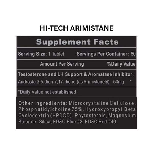 Hi-Tech Arimistane Supplement Facts on a white background.