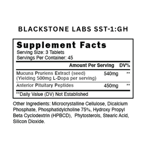 Supplement label for Blackstone Labs SST-1:GH showing ingredient details and supplement facts.