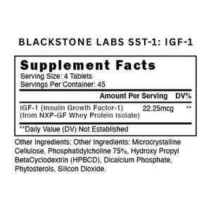 Supplement label for Blackstone Labs SST-1 IGF-1 on a white background