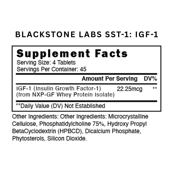 Supplement label for Blackstone Labs SST-1 IGF-1 on a white background