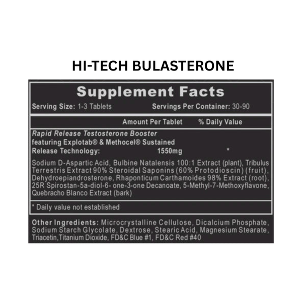 Supplement label for Hi-Tech Bulasterone on a white background