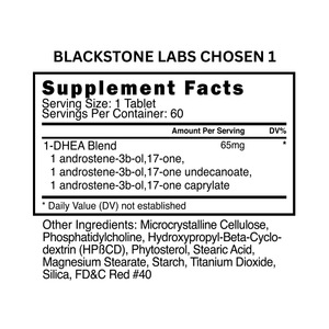 Supplement facts label for Blackstone Labs Chosen 1 on a white background