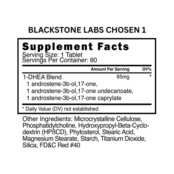 Supplement facts label for Blackstone Labs Chosen 1 on a white background