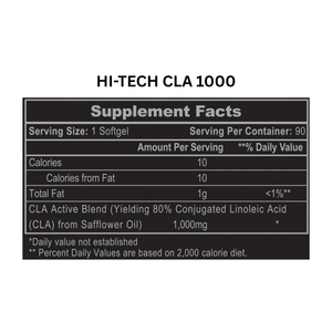 Supplement facts label for HI-TECH CLA 1000 on a white background