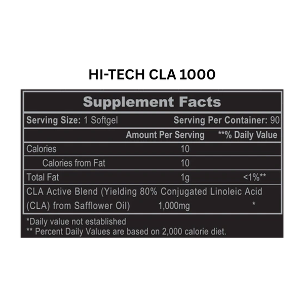 Supplement facts label for HI-TECH CLA 1000 on a white background
