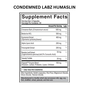 Supplement label for 'Condemned Labz Humaslin' with ingredient list and nutritional information.