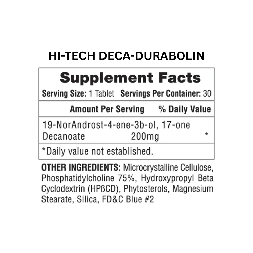 Two supplement bottles labeled '1-Testosterone' and 'DECA-DURABOLIN' on a white background.