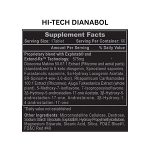 Supplement label for Hi-Tech Dianabol with detailed ingredient list on a white background.
