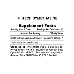 Hi-Tech Pharmaceuticals Dymethazine supplement facts on a white background.