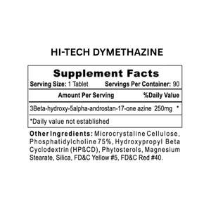 Supplement label for Hi-Tech Dymethazine with ingredient list on a white background