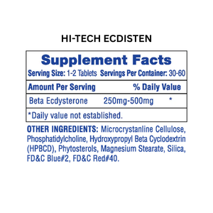 Supplement facts label for Hi-Tech Ecdisten with serving size, servings per container, and ingredient list.