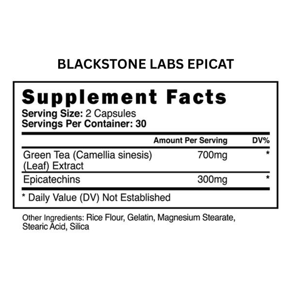 Supplement label for Blackstone Labs Epicat with ingredient details and serving information.