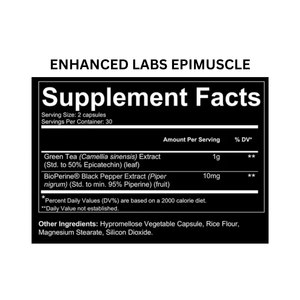 Supplement facts label for Enhanced Labs Epimuscle on a white background