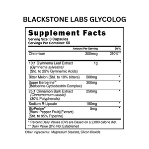 Supplement label for Blackstone Labs GlycoLog with detailed ingredient list and serving size.