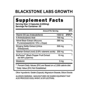 Supplement facts label for Blackstone Labs Growth product on a white background