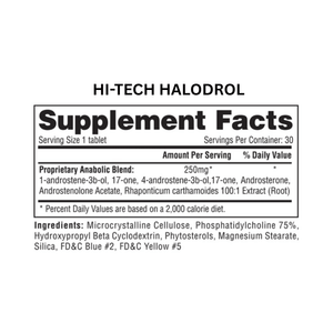 Hi-Tech Pharmaceuticals Halodrol supplement facts on a white background.