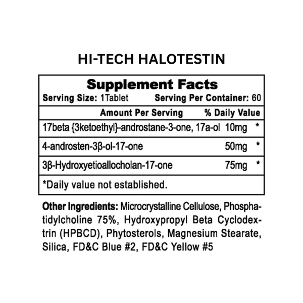 Hi-Tech Pharmaceuticals Halotestin supplement facts on a white background.