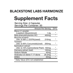 Supplement facts label for Blackstone Labs Harmonize on a white background