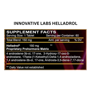 Supplement facts label for Innovative Labs Helladrol on a white background
