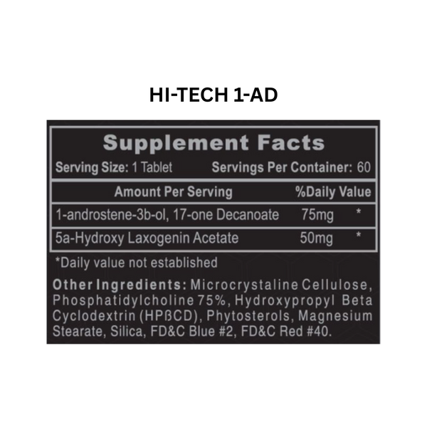 Supplement facts label for a product with 'HI-TECH 1-AD' branding.