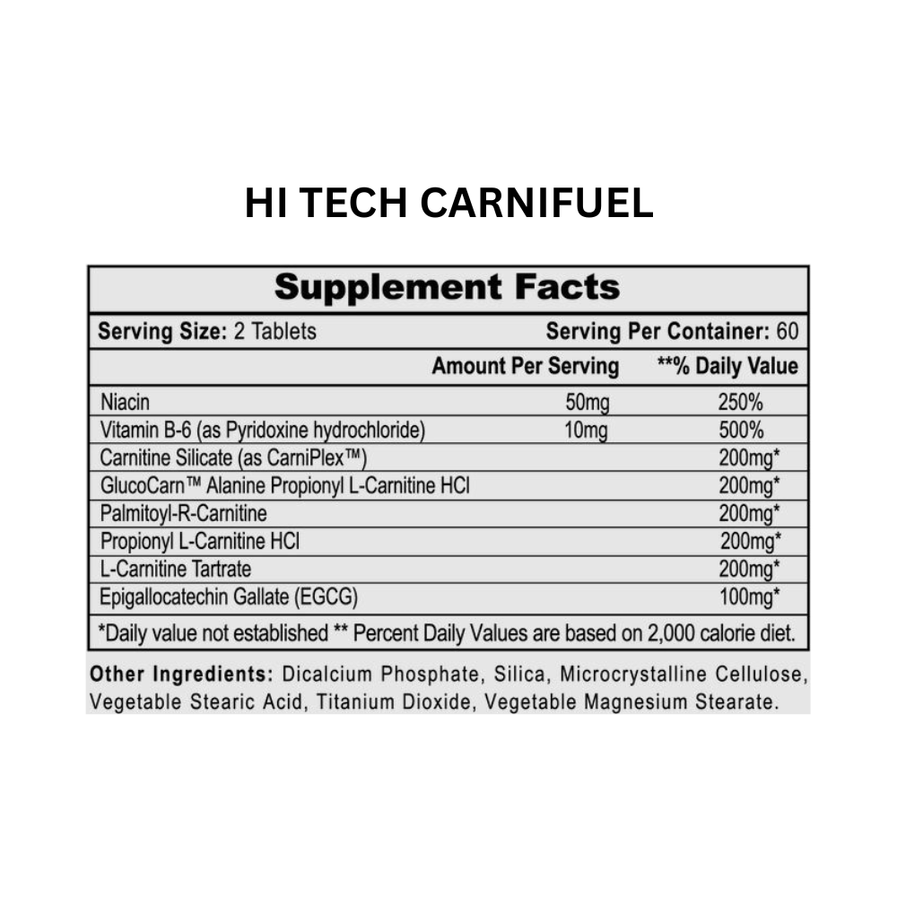 A bottle of Hi-Tech Pharmaceuticals CarniFuel and Lipodrene XTREME on a white background.