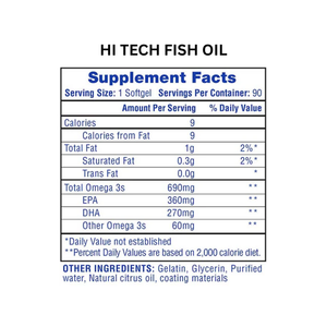 Supplement facts label for Hi Tech Fish Oil on a white background