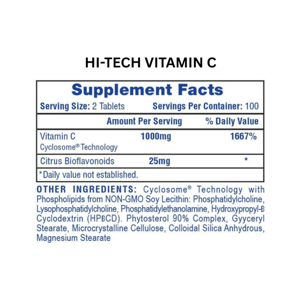 Hi-Tech Vitamin C Supplement Facts on a white background