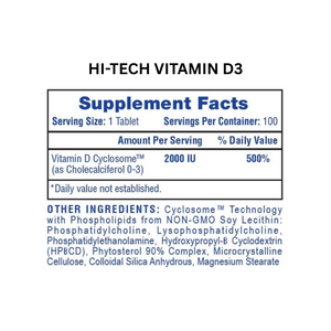 Hi-Tech Pharmaceuticals Vitamin D3 supplement facts on a white background.