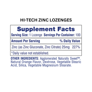 Supplement facts label for Hi-Tech Zinc Lozenges on a white background