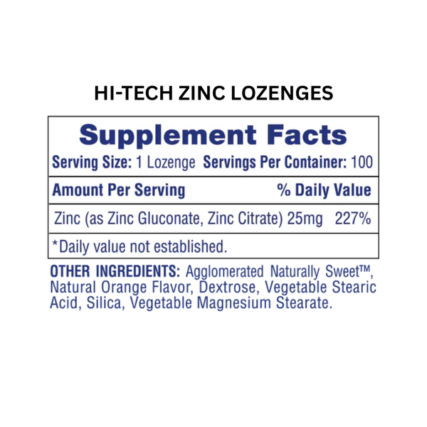 Supplement facts label for Hi-Tech Zinc Lozenges on a white background