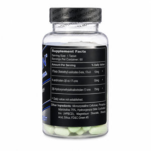 A clear supplement bottle with a black cap and black label showing Supplement Facts, filled with pale green tablets, on a white background.