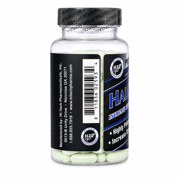 A clear plastic bottle of HITECH Pharmaceuticals dietary supplement capsules with a black cap and black label featuring blue and white text.