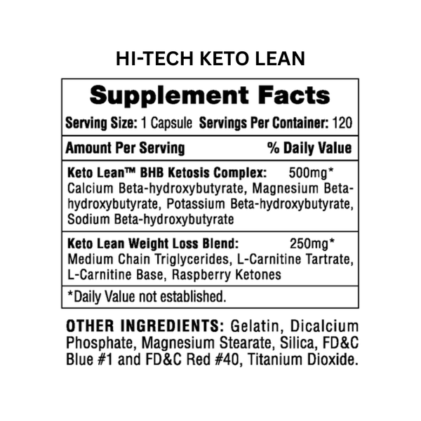 Supplement facts label for Hi-Tech Keto Lean on a white background