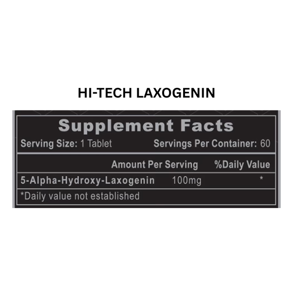 Supplement facts label for Hi-Tech Laxogenin on a white background