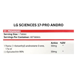 LG Sciences 17-Pro Andro supplement label with serving size and active ingredients.