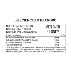 Supplement label for LG Sciences M1D ANDRO with ingredient list and serving size details.