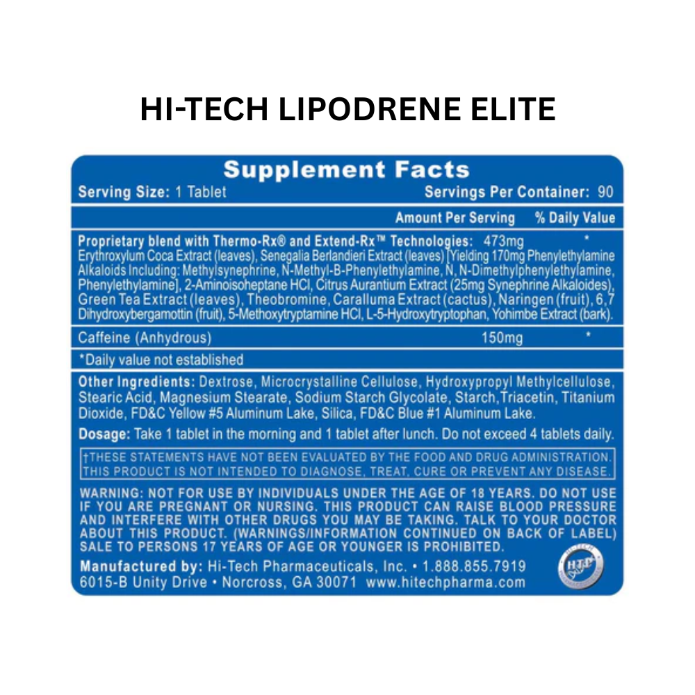 A bottle of Lipodrene Elite dietary supplement by H-Tech Pharmaceuticals, containing 90 green tablets visible through a clear bottle with a red and white cap.