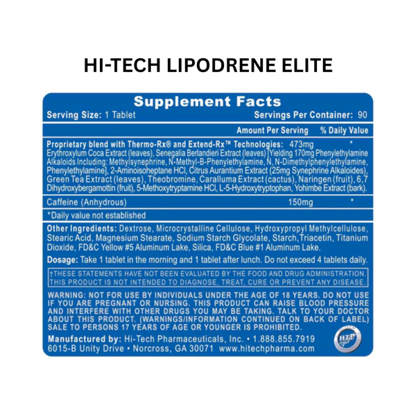 Supplement label for Hi-Tech Lipodrene Elite on a white background