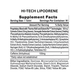 Supplement facts label for Hi-Tech Lipodrene on a white background