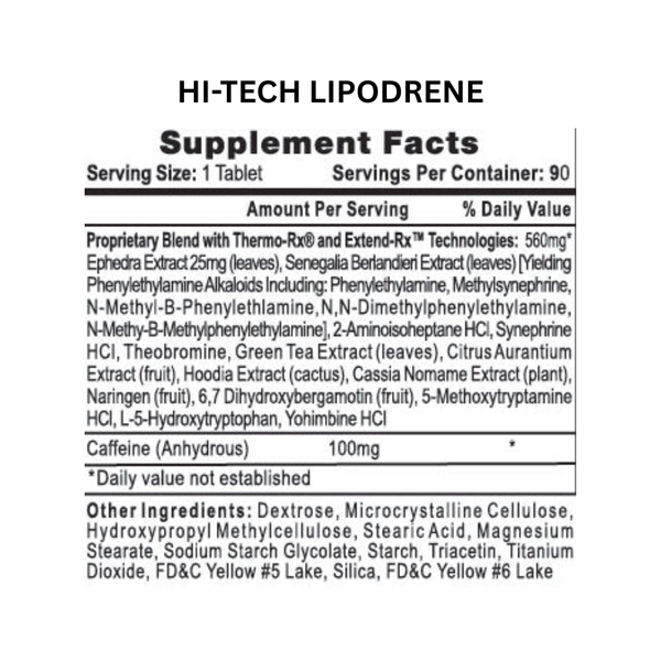 Supplement facts label for Hi-Tech Lipodrene on a white background