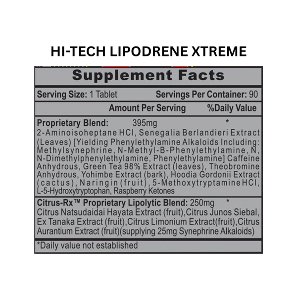 Hi-Tech Lipodrene XTREME supplement facts on a white background