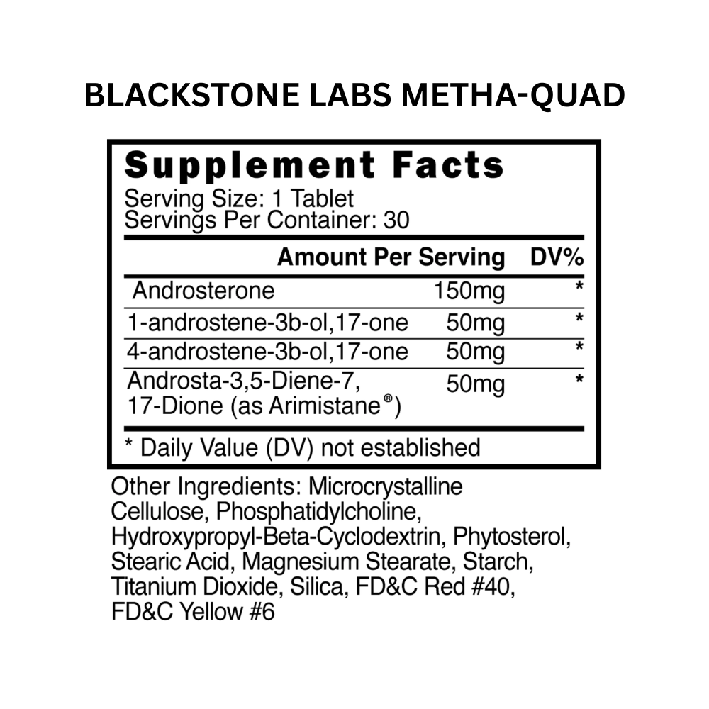 Two Blackstone Labs supplement bottles on a white background. One bottle of Blackstone Labs Metha-Quad and one bottle of Blackstone Labs Growth