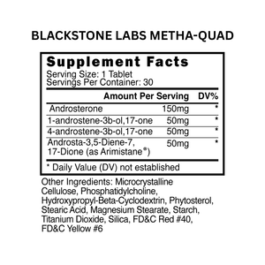 Supplement label for Blackstone Labs Metha-Quad showing ingredient list and supplement facts.