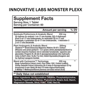 Supplement label for Innovative Labs Monster Plexx with detailed ingredient list and serving information.