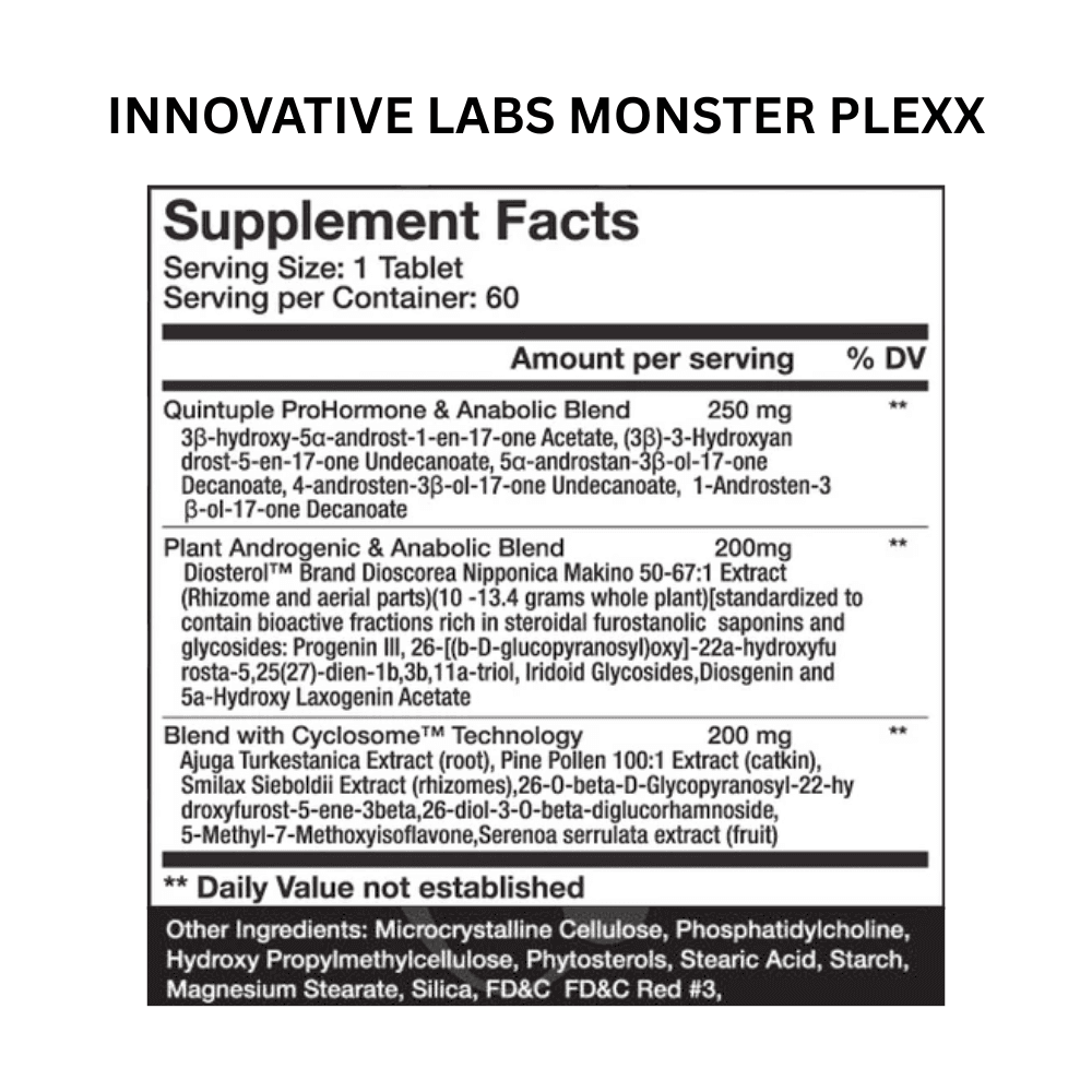 3 bottles of Innovative Labs Monster Plexx, 1 bottle of Hi-Tech Pharmaceuticals Arimiplex, and 2 bottles of Hi-Tech Pharmaceuticals Osta-Plex on a white background.